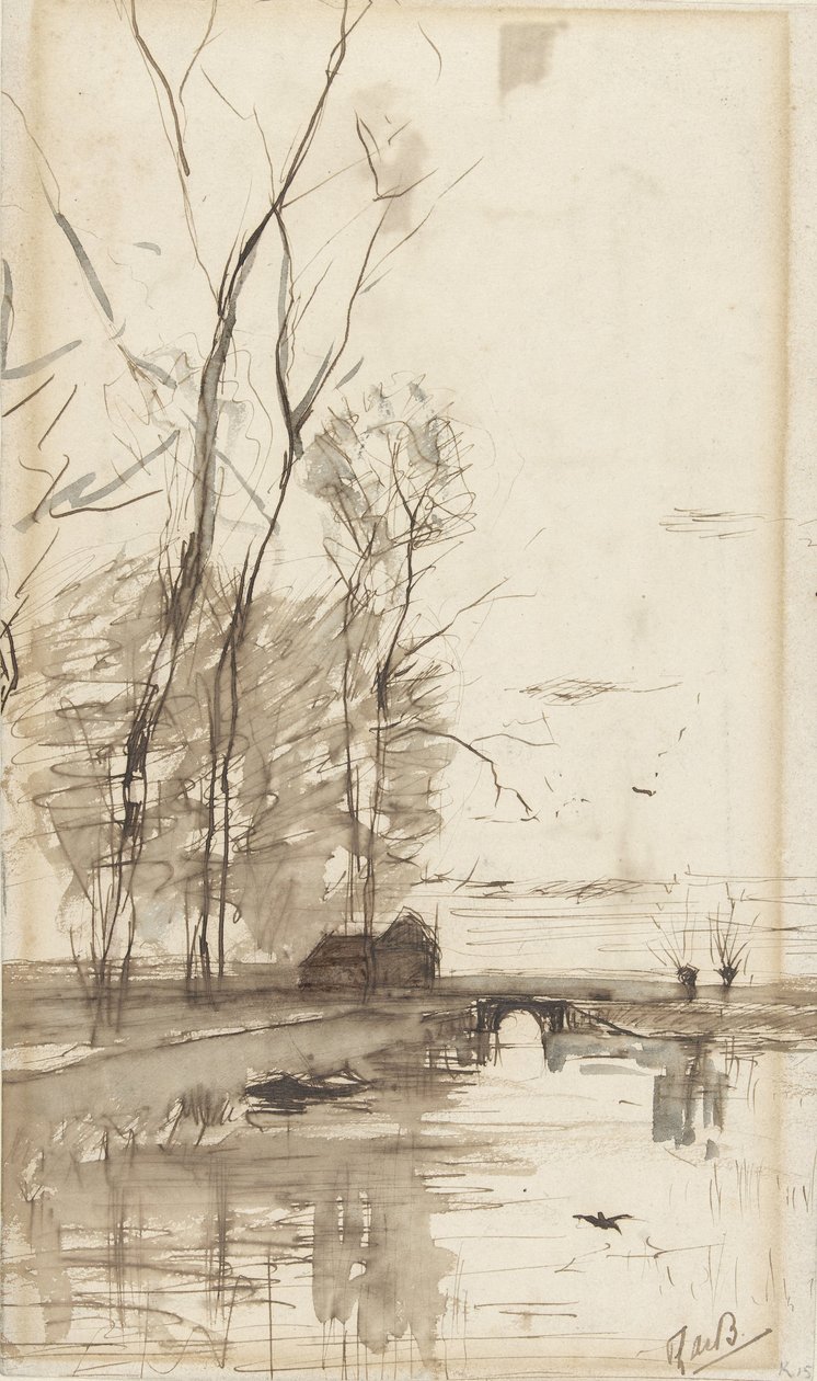Uzun ağaçlar, bir çiftlik ve bir köprü ile kanal manzarası by Théophile de Bock (possibly)