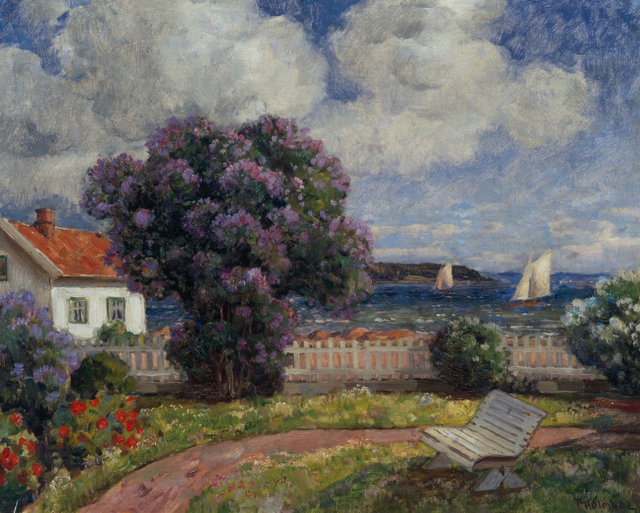 Çiçek Açan Leylak Çalılı Kıyı Manzarası (tuval üzerine yağlı boya) by Thorolf Holmboe