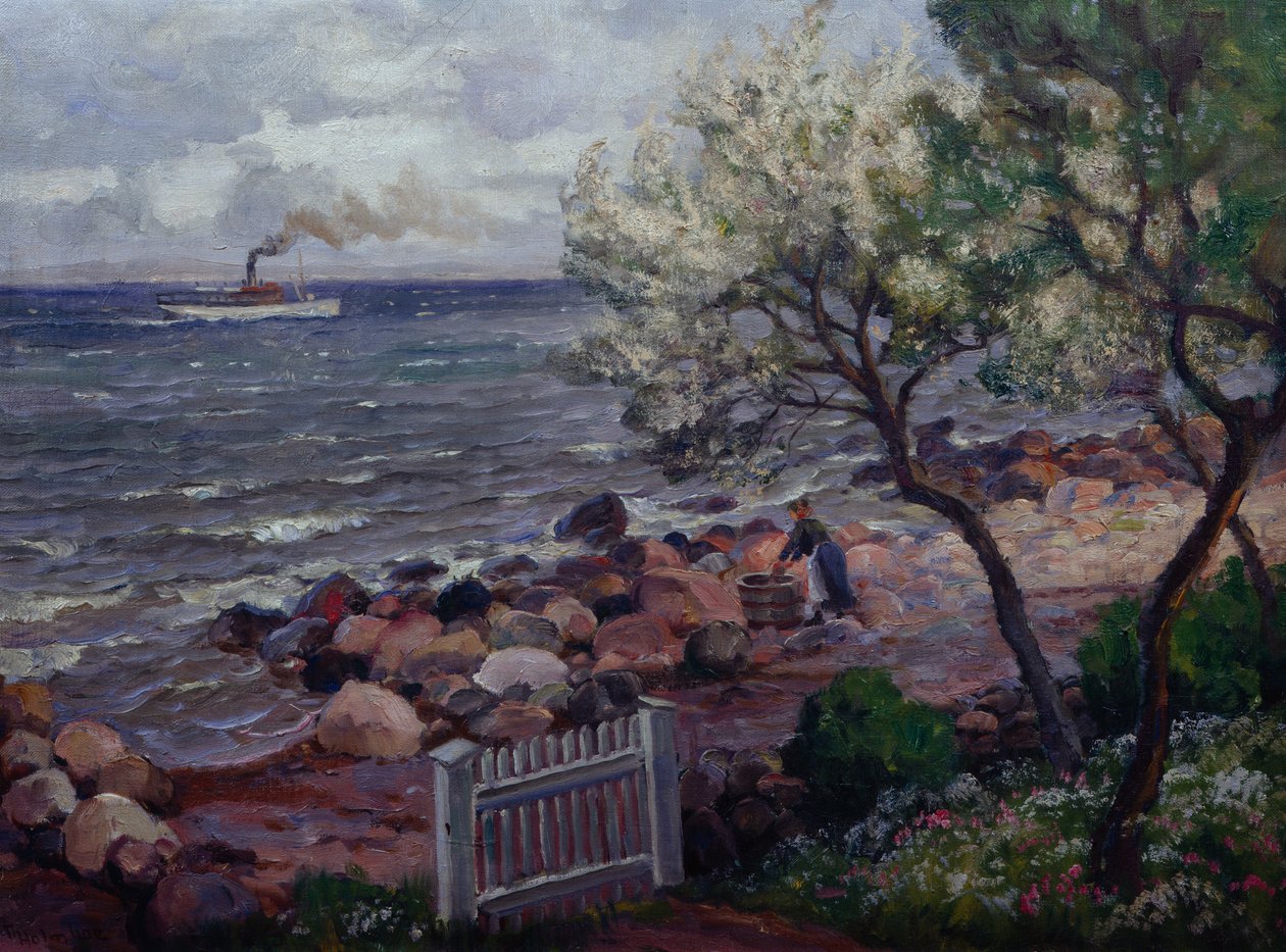 Bahçe Kapısı ve Kadın ile Yaz Manzarası (tuval üzerine yağlı boya) by Thorolf Holmboe