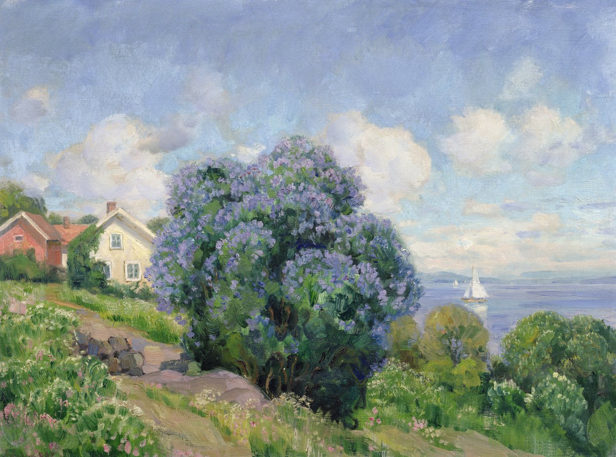 Leylak çalısı, ev ve yelkenli tekne ile yaz manzarası (tuval üzerine yağlı boya) by Thorolf Holmboe