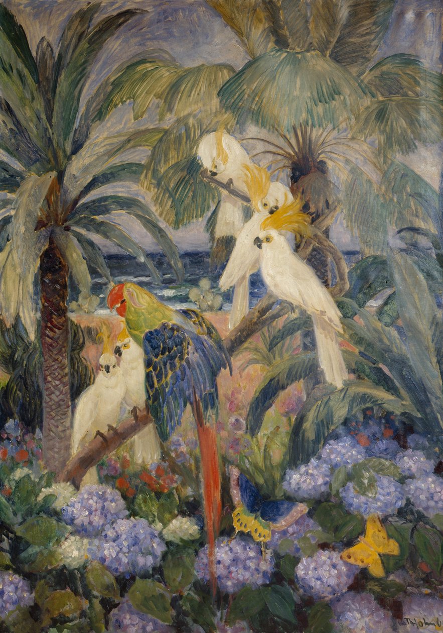 Papağanlı tropik manzara (tuval üzerine yağlı boya) by Thorolf Holmboe