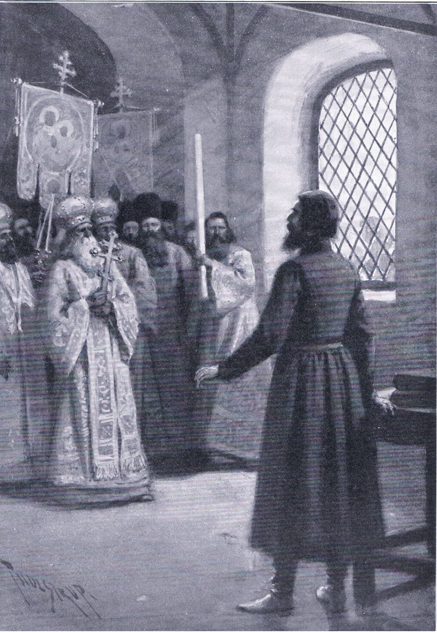 Boris Godunov manastırda emekli olarak, Çar olarak seçilmesini kabul etmesi için yalvardı, Gresham Publishing Co tarafından yayınlanan Landmarks in European History, c.1920 (lito) by Thure de Thulstrup