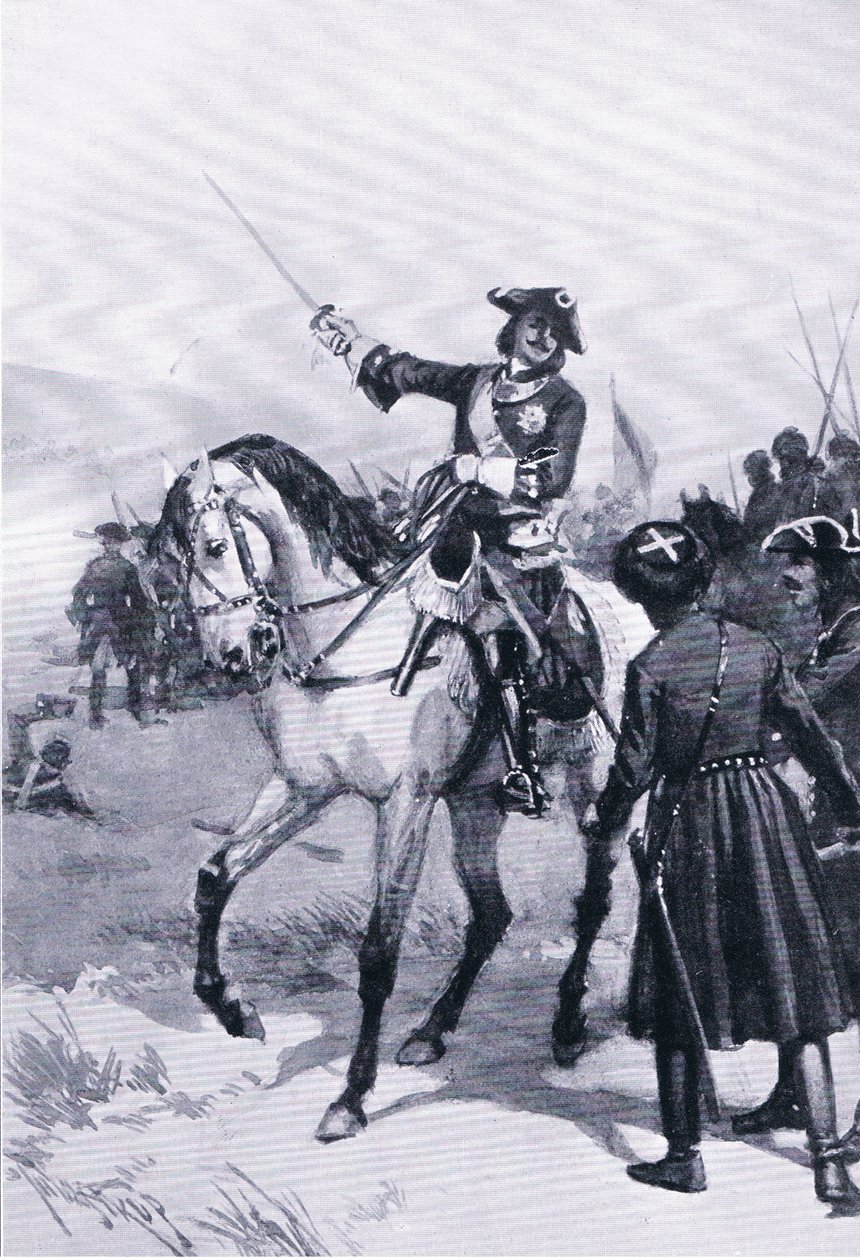Pultowa savaşında Büyük Peter, Gresham Publishing Co tarafından yayınlanan Landmarks in European History, c.1920 (lito) by Thure de Thulstrup
