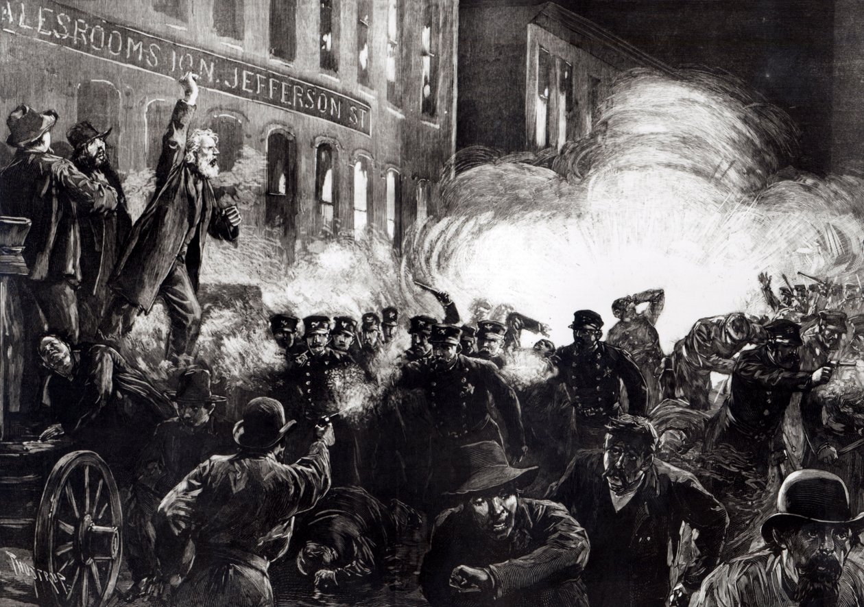 Chicago'daki Anarşist İsyan: 'Harper's Weekly'den Polisin Arasında Patlayan Bir Dinamit Bombası by Thure de Thulstrup