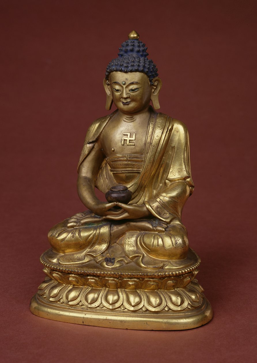 Buda Amitayus kucağında (bronz) nektar vazosunu (amrta) tutan meditasyonda oturmuş by Tibetan School