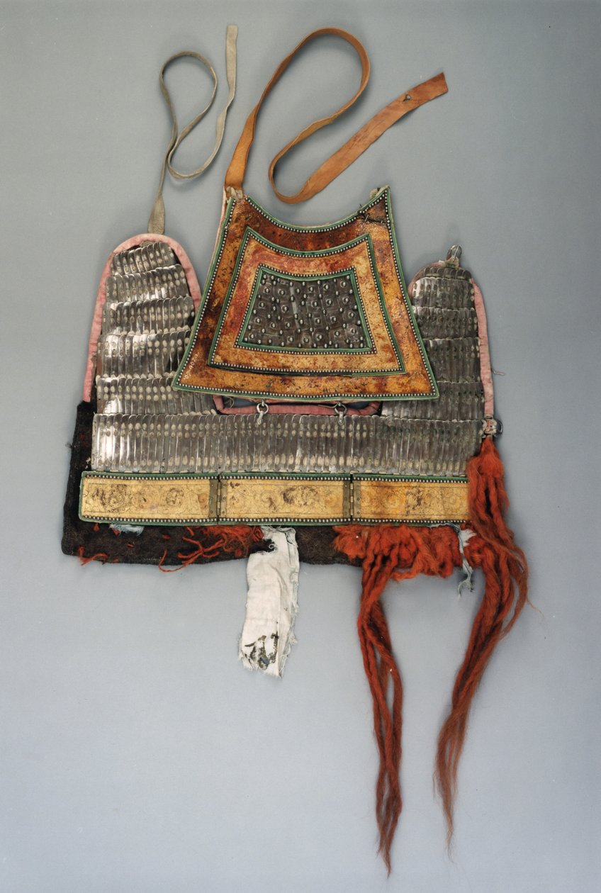 Ok şeklinde bir plaka ile sabitlenmiş kare plakaların at zırhı başlığı ve açık kaydırmalı plakalar (çelik deri) by Tibetan School
