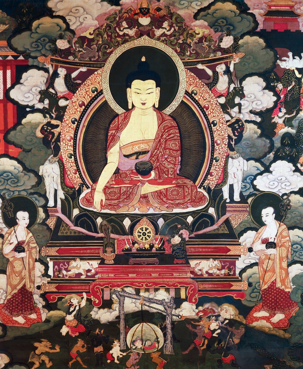 Buda iki büyük öğrencisi Cariputra ve Maudgalyayana arasında oturuyor, Tibet uygarlığı olan Buddha Sakyamuni