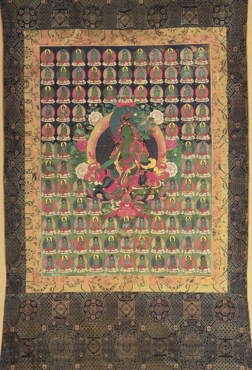 Yeşil Tara, (pamuk üzerine guaj ve yaldızlı) by Tibetan School