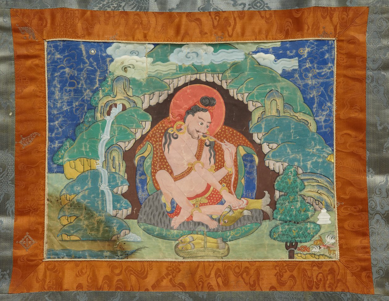 Mahasiddha Luipa, kısmi bir thangkas setinden, 19. yüzyılın başlarında (boyutlu pamukta mineral pigmentler; orijinal brokar montajı) by Tibetan School