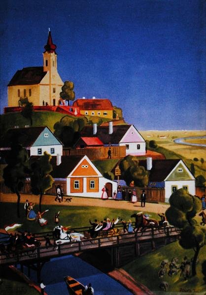 Tipik Macar köyü, bir turist broşüründen örnek, 1930-40 dolayları (renkli taş) by Tibor Polya