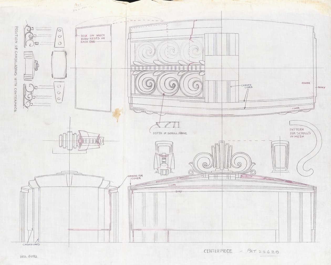 1939 Dünya Fuarı için yapılmış bir Tiffany & Co. sergi merkezi ve iki adet üç ışıklı şamdan için tasarım çizimi, c.1939 (kağıt üzerine mürekkep) by Tiffany and Company