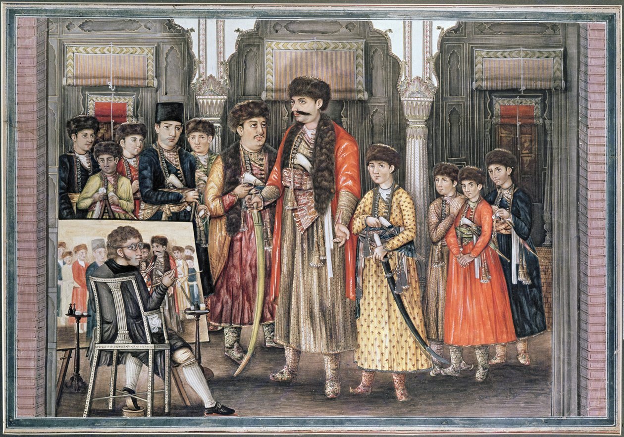 Shuja ud-daula, Nawab of Oudh (1754-75) ve On Sons, P. Renault tarafından oyulmuş, 1796 (renkli aquatint) by Tilly Kettle