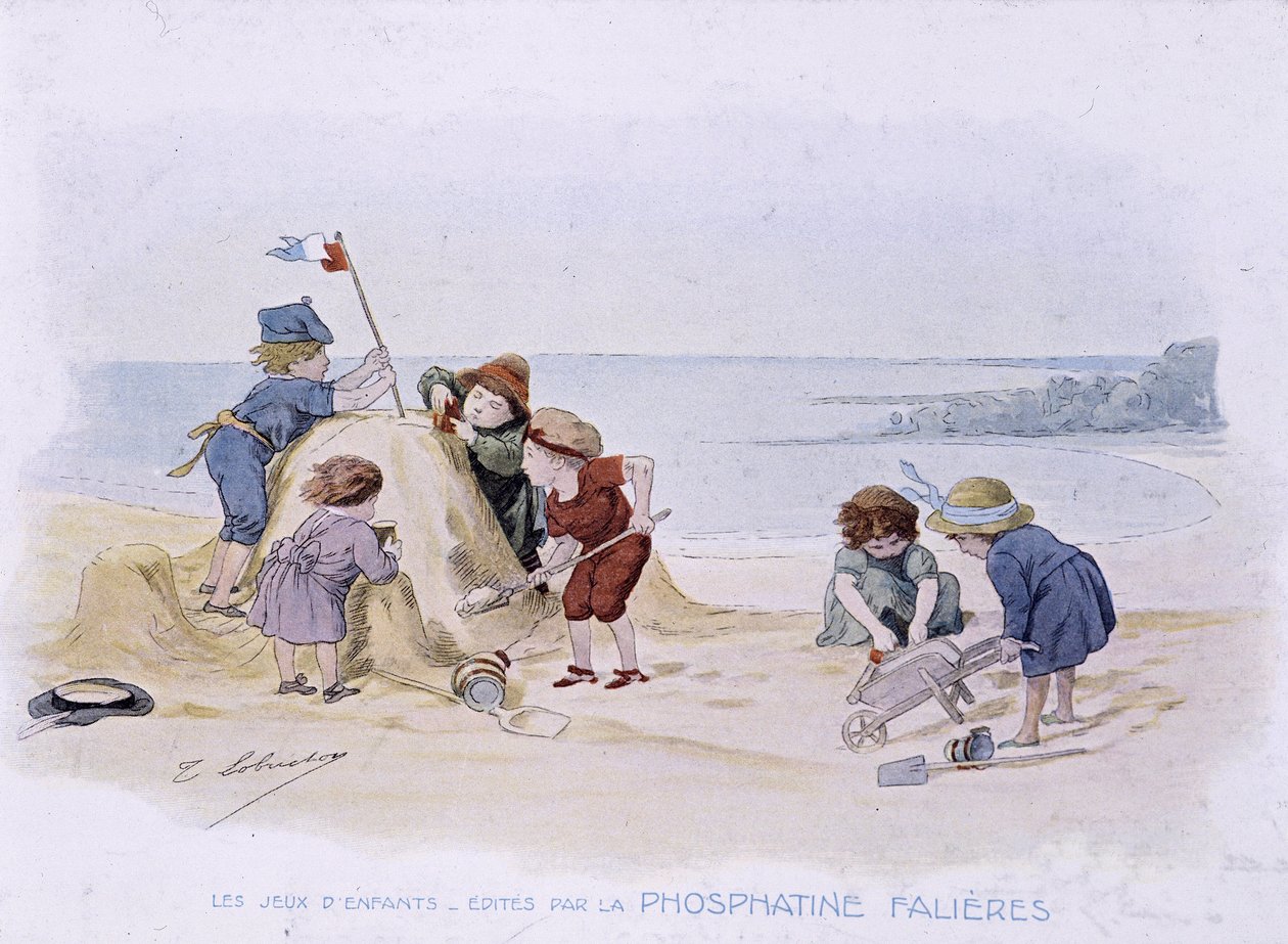 Çocuk oyunları: kumdan kale inşa eden çocuklar - dess. de Lobrichon, ed. tarafından Phosphatine Falières, v.1920 by Timoleon Marie Lobrichon