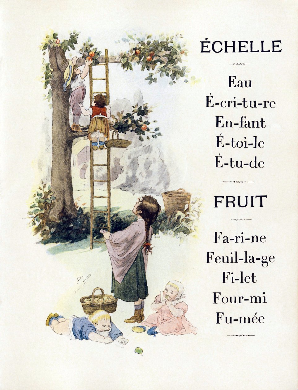 19. yüzyılın sonlarında portakal pişiren çocukları temsil eden E ve F harfleri (kromolitografi) by Timoleon Marie Lobrichon