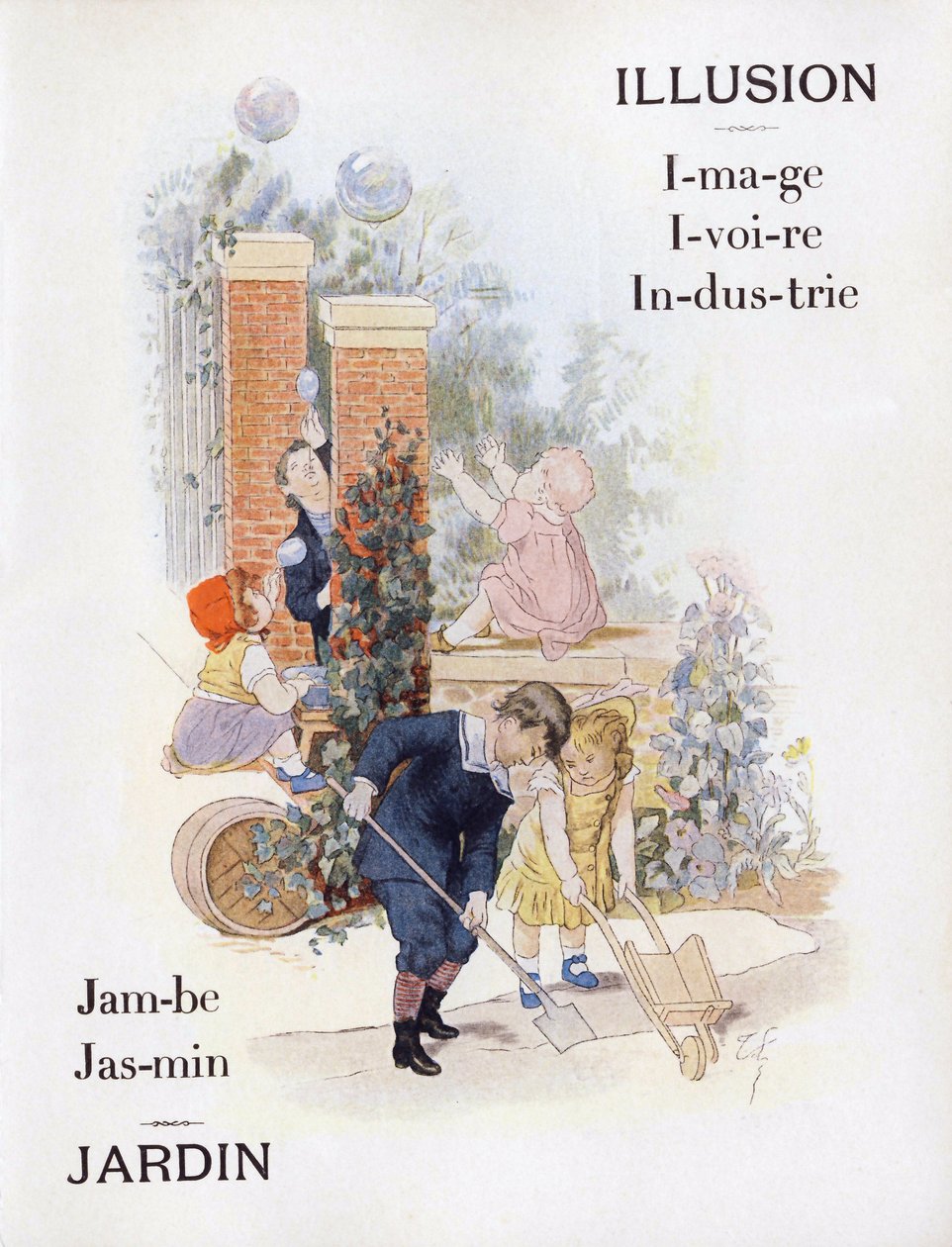 19. yüzyılın sonlarında bir bahçedeki çocukları temsil eden I ve J harfleri (kromolitografi) by Timoleon Marie Lobrichon