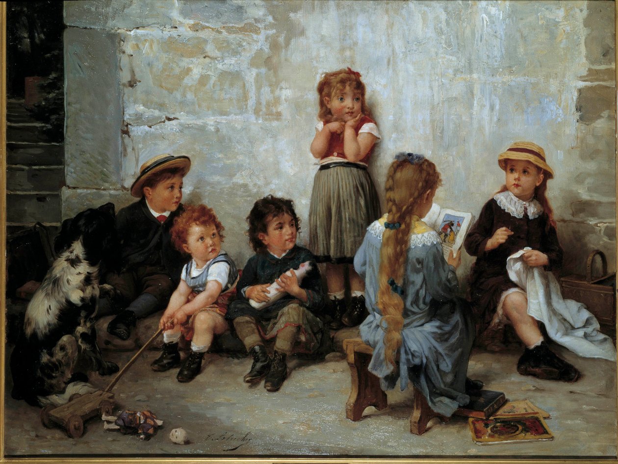 Heyecan verici pasaj Çocuklar kitap dinliyor. Timoleon Lobrichon (1831-1914) 19. yüzyıla ait resim. Özel koleksiyon by Timoleon Marie Lobrichon