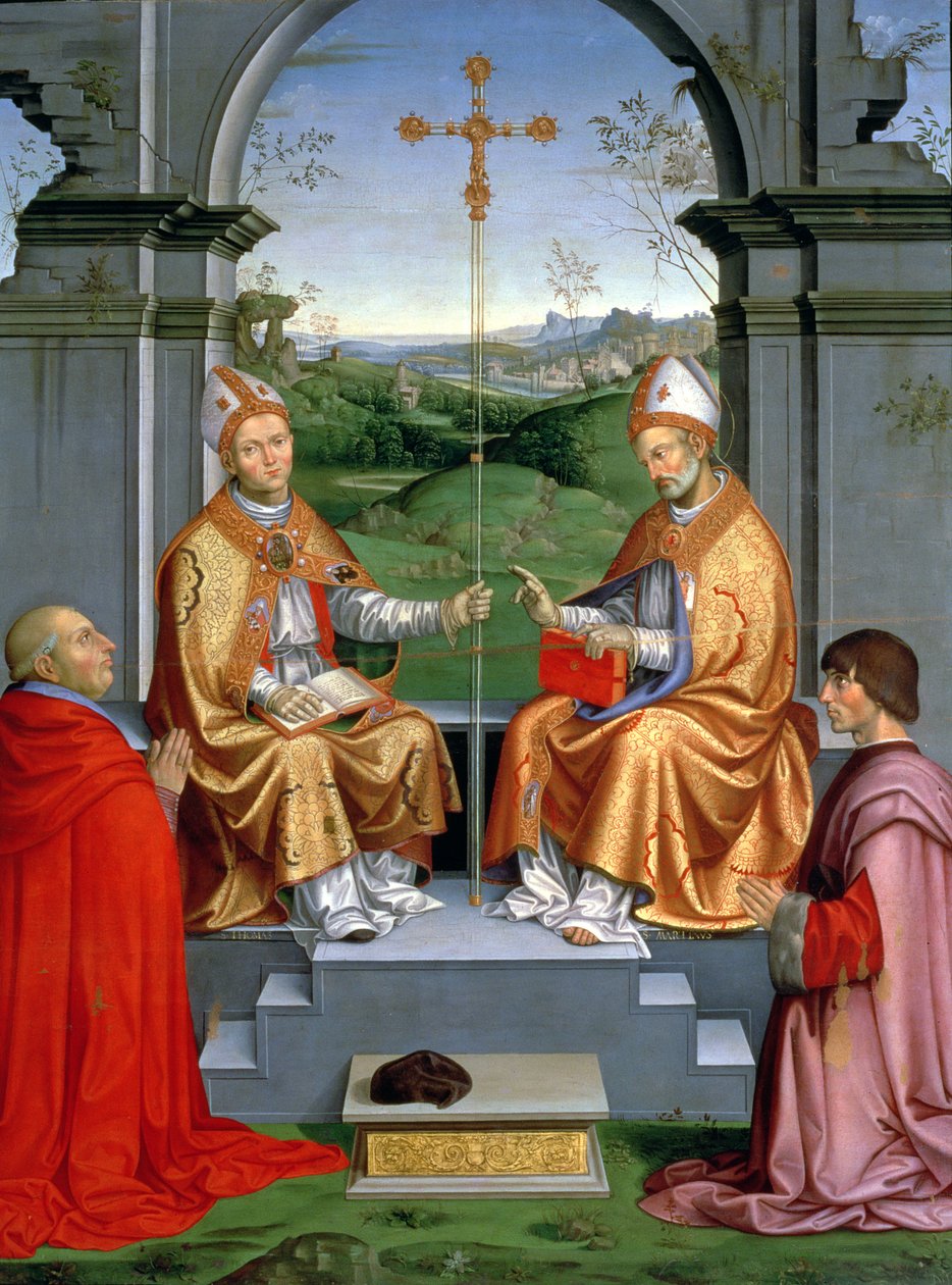 St. Thomas a Becket ve St. Martin of Tours ile Başpiskopos Giovanni Pietro Arrivabene ve Guidobaldo da Montefeltro, Urbino Dükü (d.1508) by Timoteo Viti