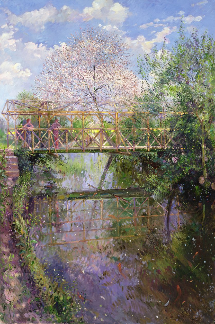 Çiçekli Kiraz ve Kafes Köprüsü by Timothy Easton