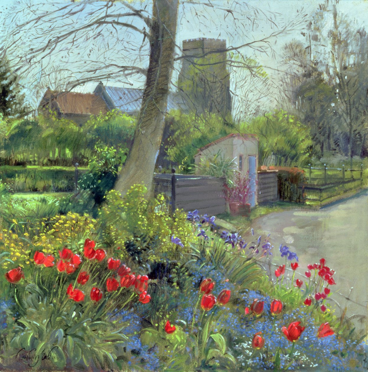 Kırmızı Laleler ve Bedfield Kilisesi (tuval üzerine yağlı boya) by Timothy Easton