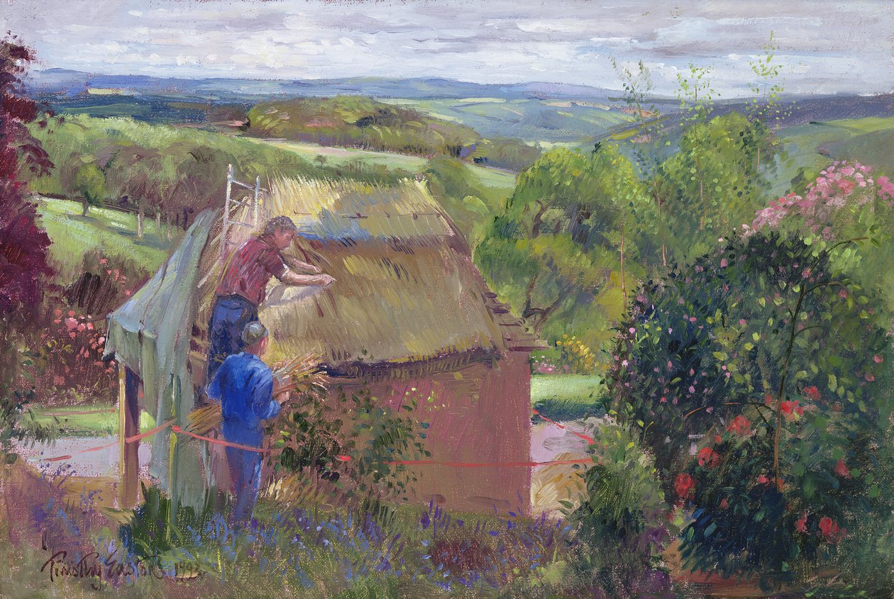 Thatching the Summer House, Lanhydrock House, Cornwall, 1993 by Timothy Easton