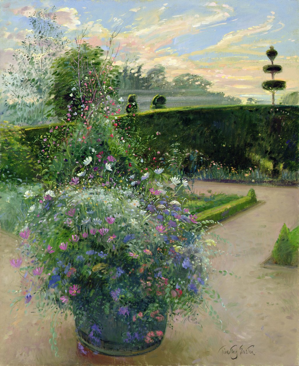 Bezelye Kafesine Karşı Beyaz Papatyalar (tuval üzerine yağlı boya) by Timothy Easton
