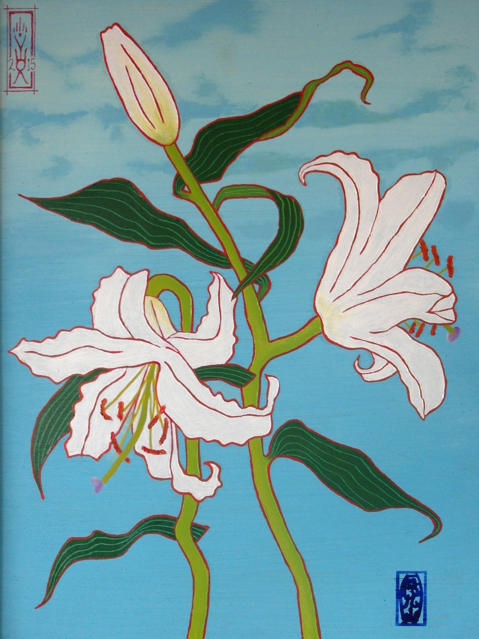 Mavi zemin üzerine beyaz zambak, 2010, ahşap üzerine yağlı boya by Timothy Nathan Joel