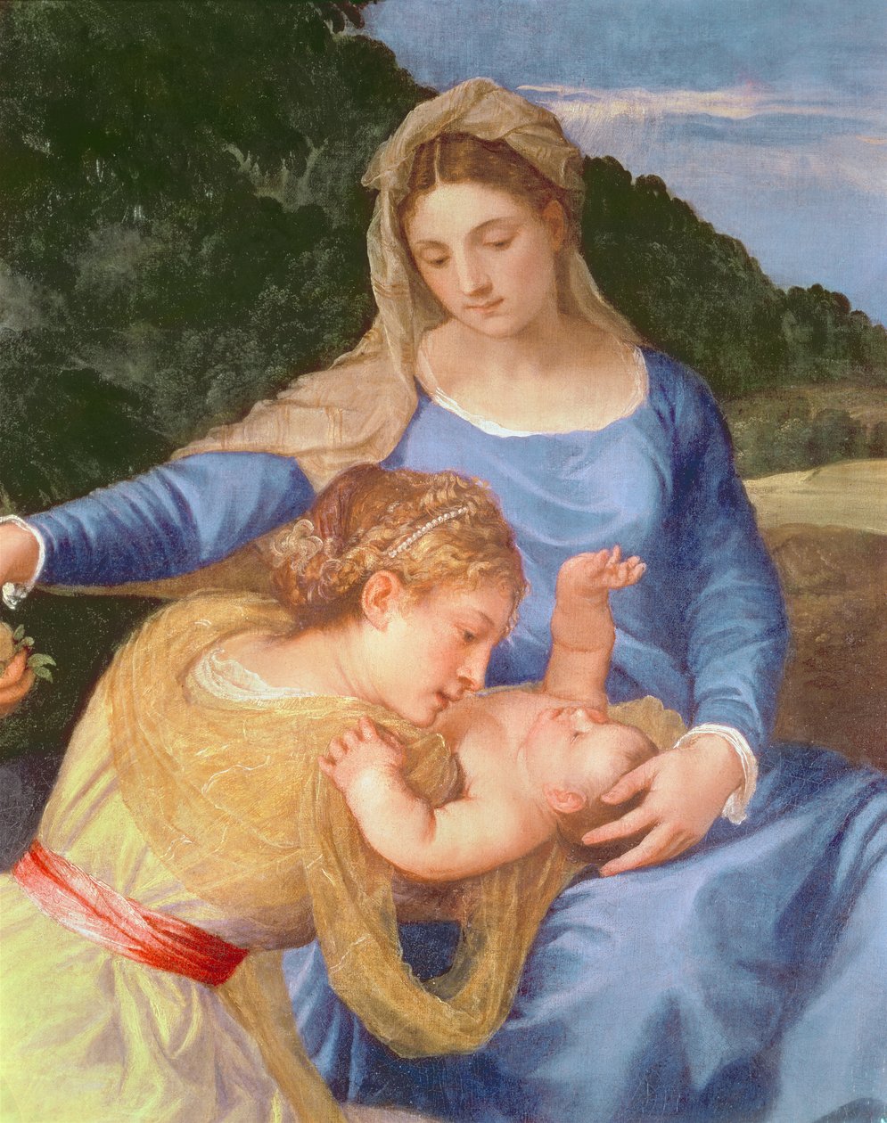 Vaftizci Yahya ve Kadın Aziz ile Bakire ve Çocuk, Bakire, Mesih Çocuk ve dişi aziz detayı, c.1530-35 tuval üzerine yağlı boya by Tiziano Vecelli