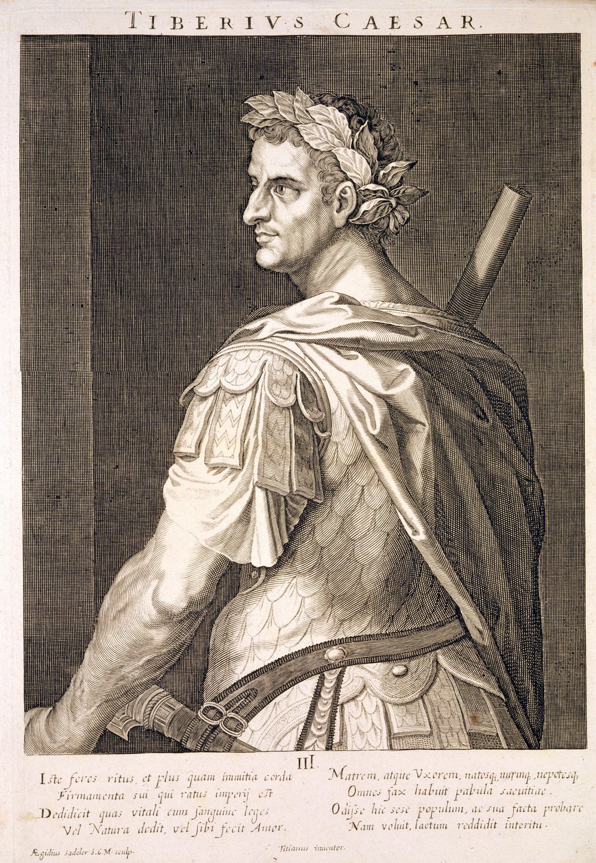 Tiberius Caesar (MÖ 10 - MS 54) Roma İmparatoru MS 14-37, Aegidius Sadeler (1570-1629) tarafından oyulmuş by Tiziano Vecelli