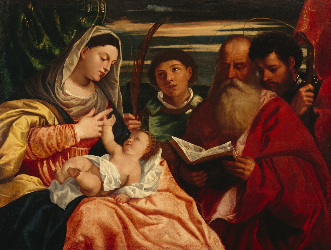 Aziz Stephen, Jerome ve Maurice ile Madonna ve Çocuk (tuval üzerine yağlıboya) by Titian (c.1488 1576) (after)