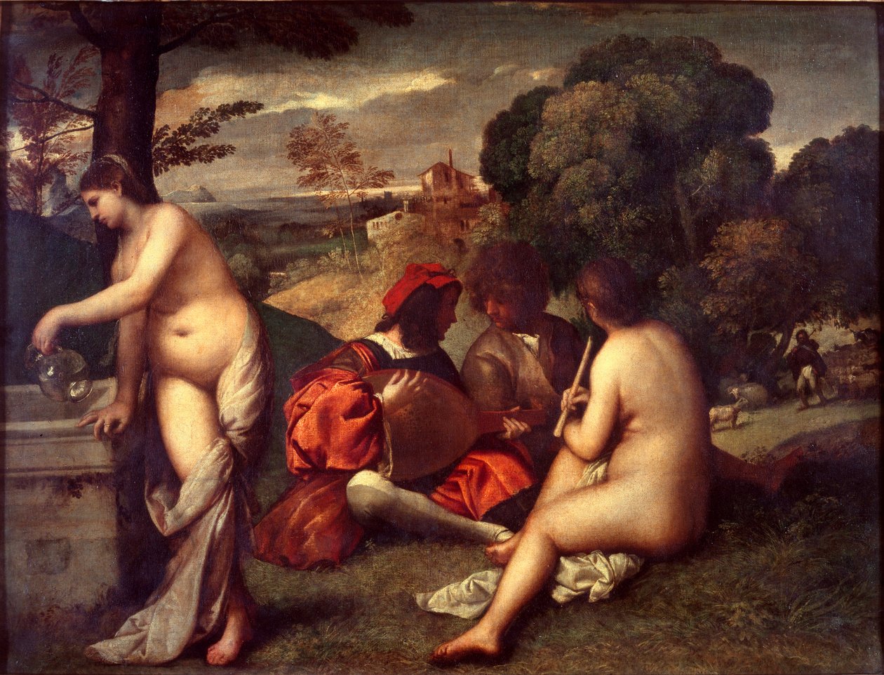 Pastoral Konser, c 1509 (tuval üzerine yağlı boya) by Titian (c.1488 1576) (attr. to)