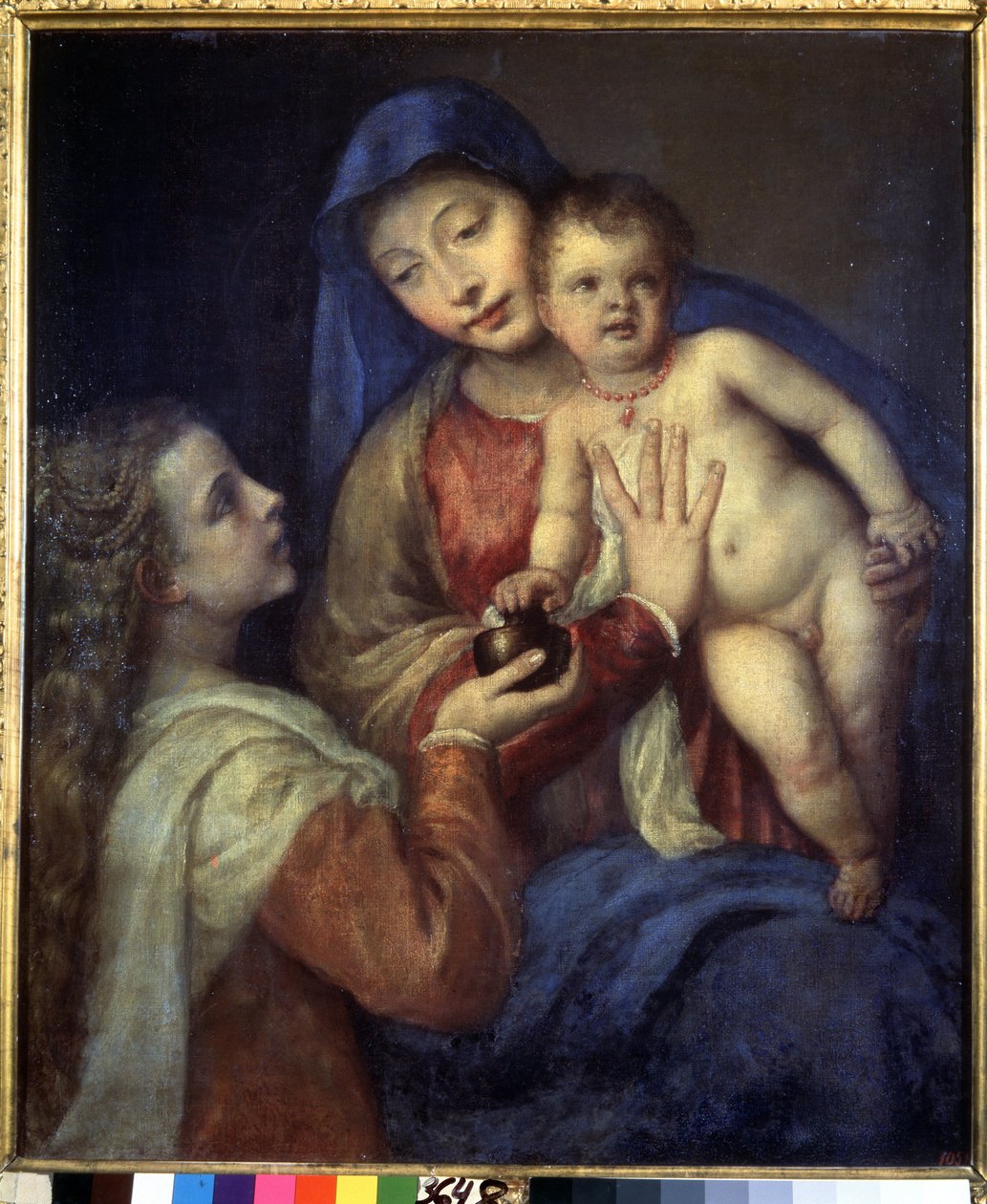 Meryem Ana ile Bakire ve Çocuk (Madonna ve Magdalalı Meryem ile Çocuk). Titian tarafından boyama (Tiziano Vecellio veya Vecelli veya Tiziano da Cador) by Titian (c.1488 1576)