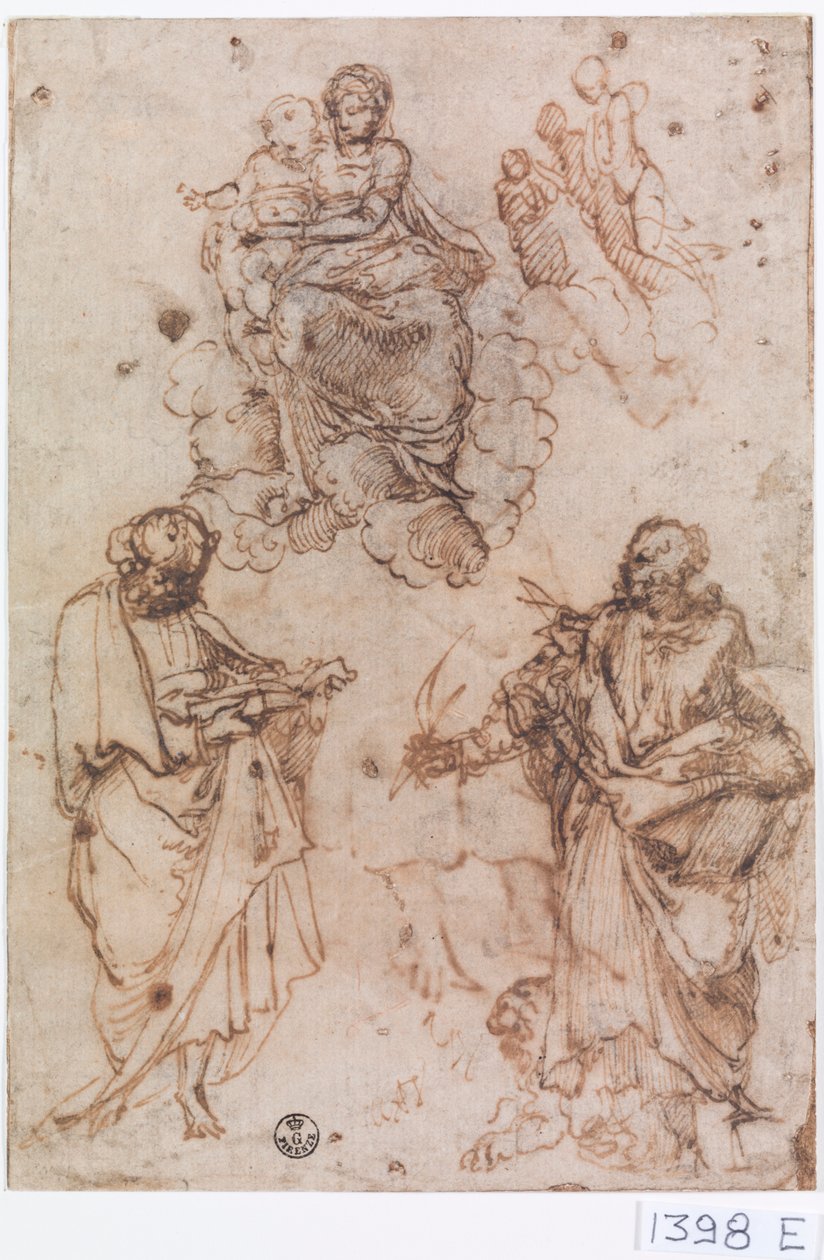 Azizler veya havarilerle birlikte bulutların üzerinde oturan Madonna ve Çocuk (kağıt üzerinde kalem ve mürekkep) by Titian (c.1488 1576)
