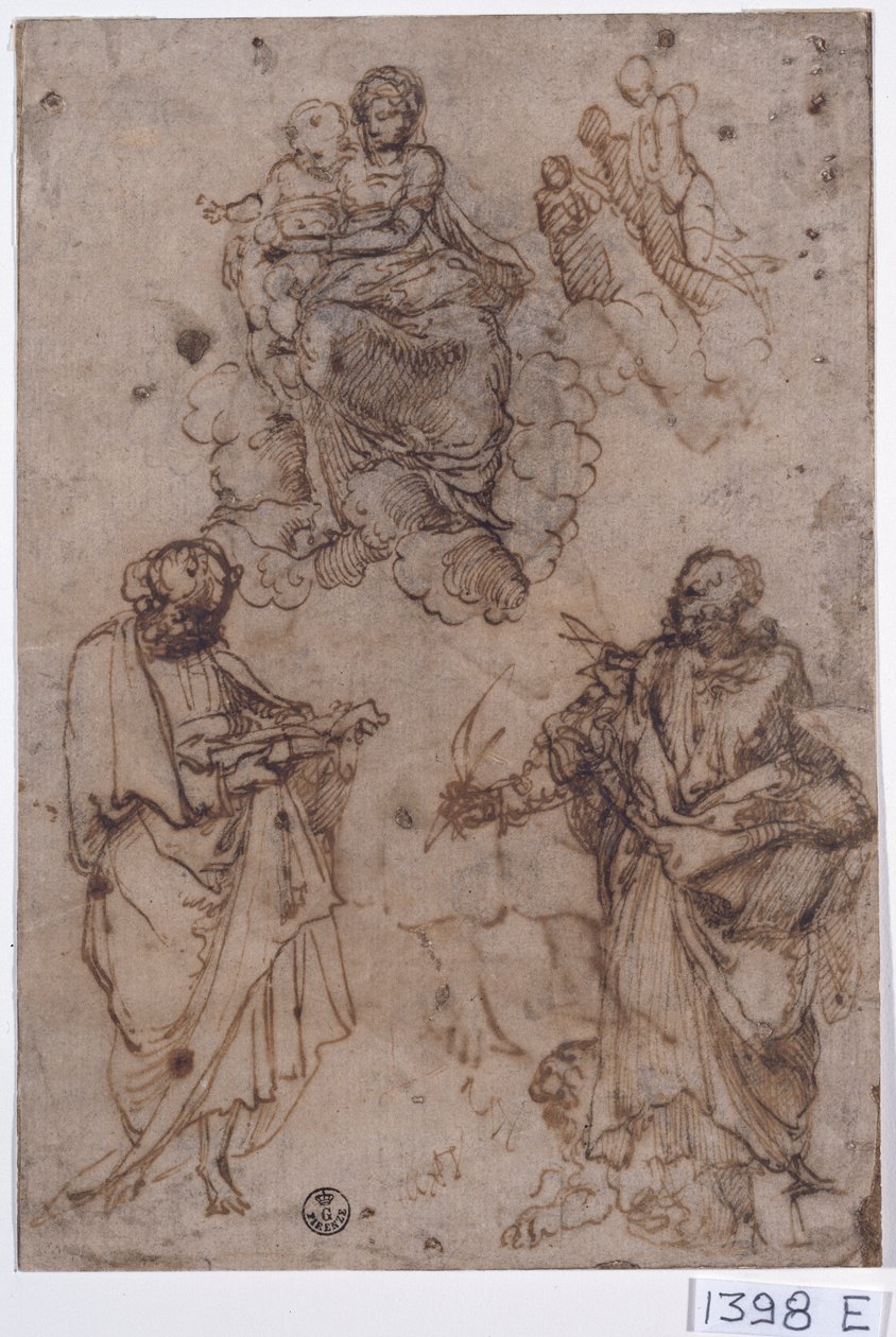 Meryem Ana ve Çocuk, azizler veya havarilerle birlikte bulutların üzerinde oturuyor (kağıt üzerinde kalem ve mürekkep) by Titian (c.1488 1576)