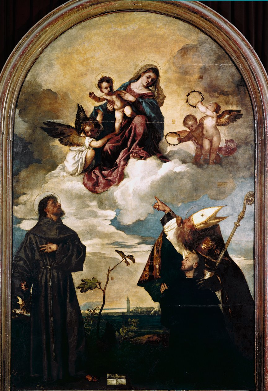 Madonna, Çocuk, Aziz Francis ve Alvise ve bağışçı Luigi Gozzi ile ihtişamlı bir şekilde by Titian (c.1488 1576)