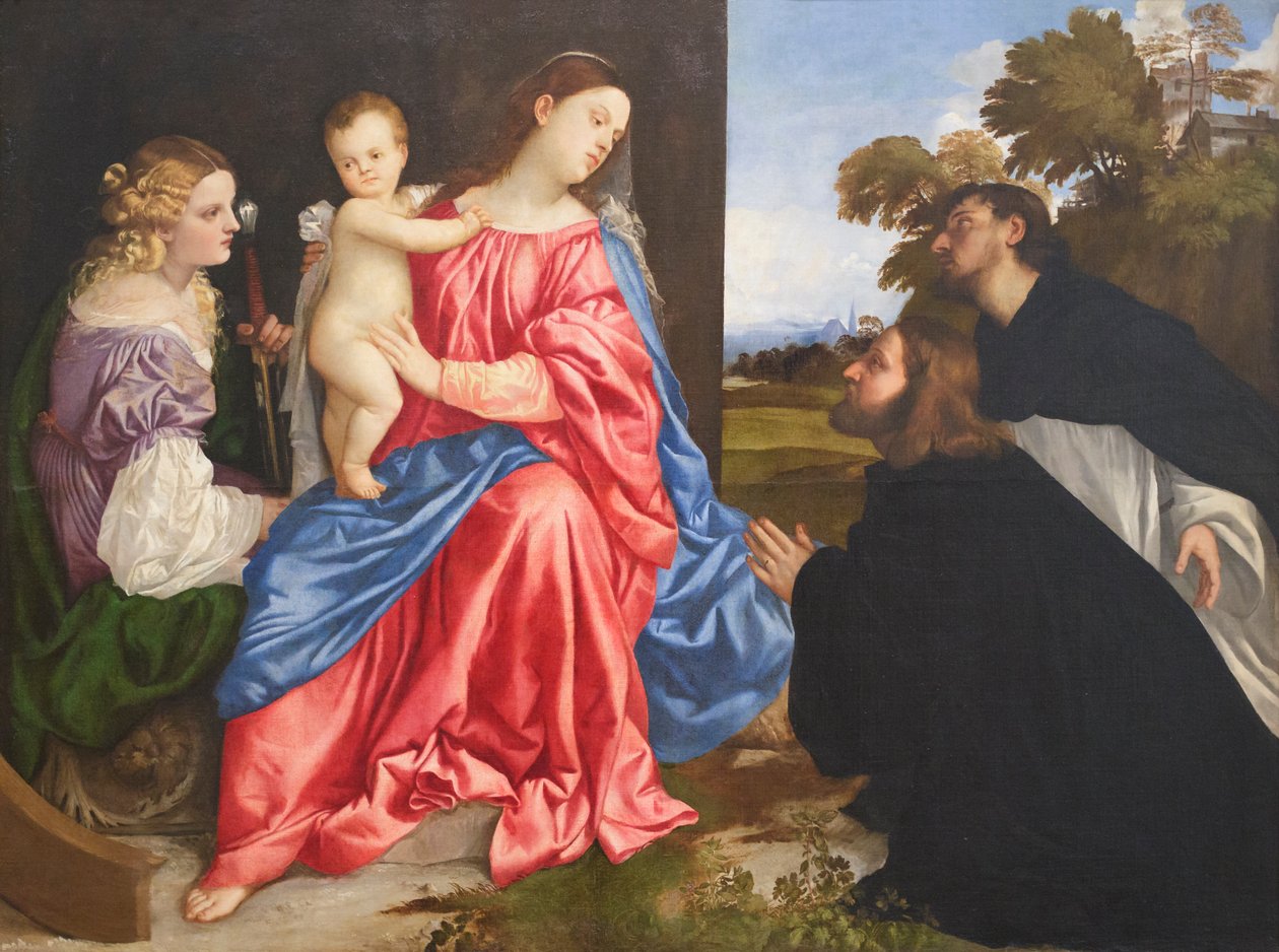 Aziz Catherine ve Dominic ve bağışçı ile kutsal sohbet, c.1533 (tuval üzerine yağlı boya) by Titian (c.1488 1576)