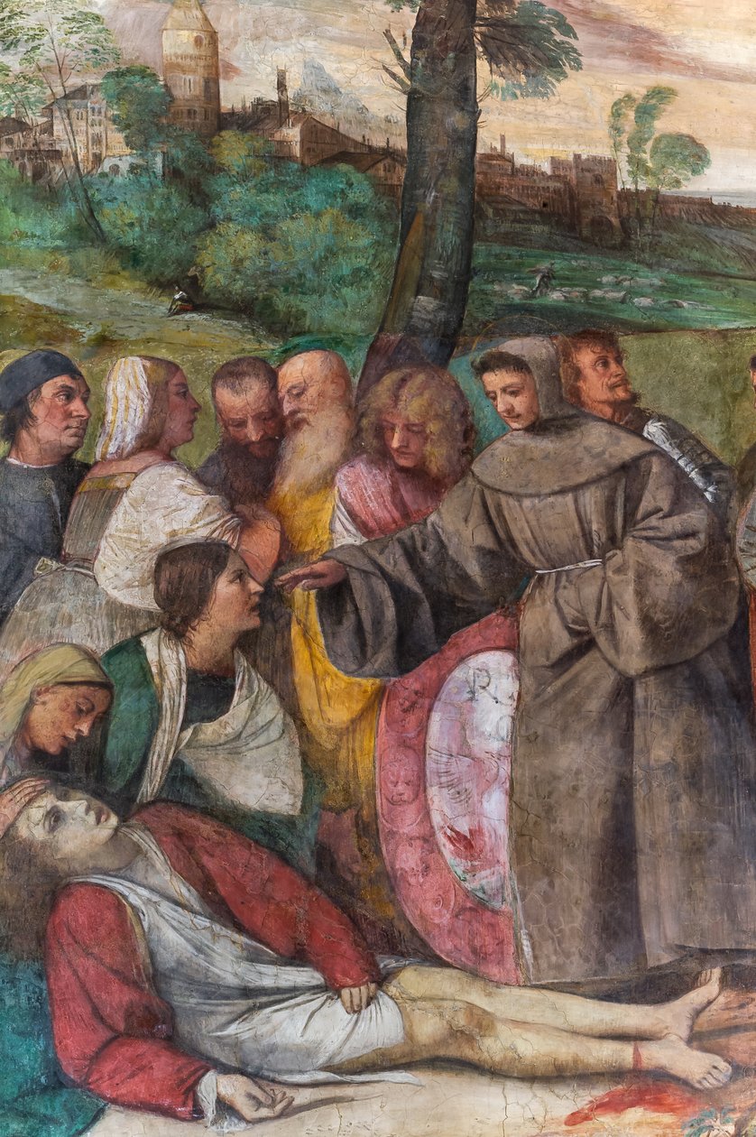 Aziz Anthony ayağı genç bir adama yeniden takıyor, Azizler Okulu, 2197268 detayı (fresk) by Titian (c.1488 1576)
