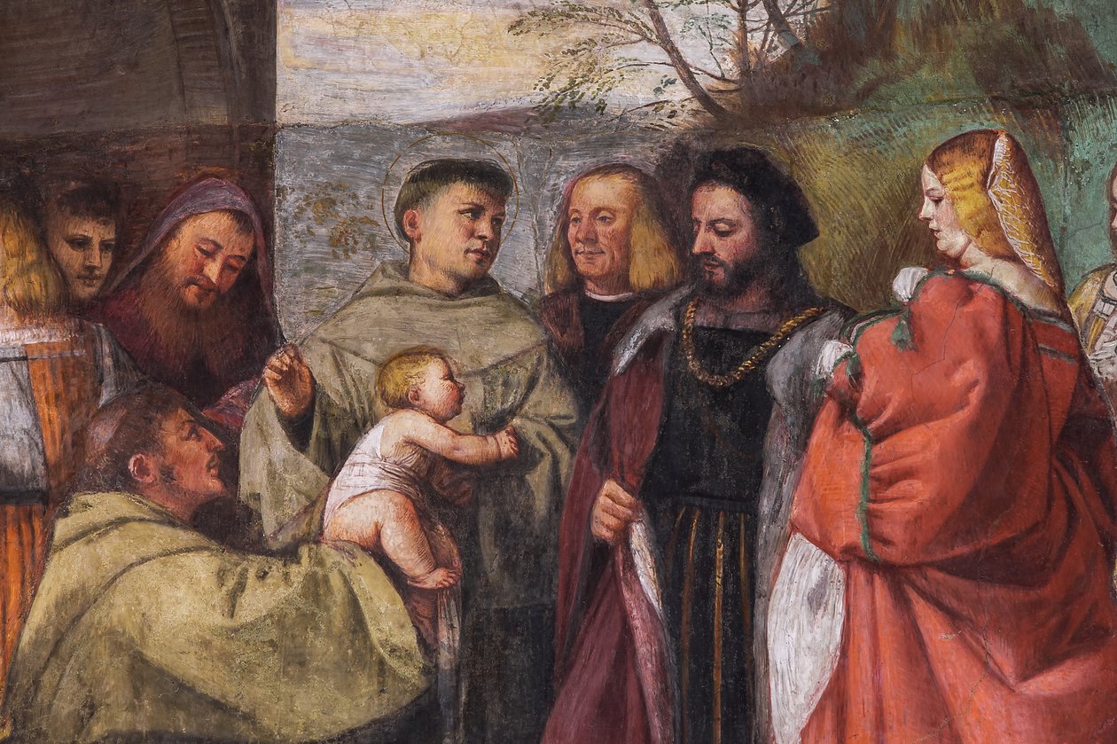 Annenin masumiyetini ilan eden Bebek, kuzey duvarı, Aziz Okulu, 2195188 ve 2195385 detayı by Titian (c.1488 1576)
