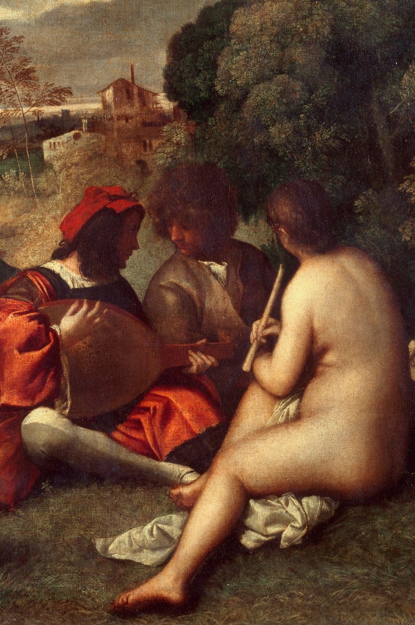 Grup konseri Müzisyenler çimenlerin üzerinde, kadınlar çıplak. Detay. Tiziano Vecellio dit le Titian (1485-1576) veya Giorgio da Castelfranco dit Giorgione (1476/1478-1510) Sun
