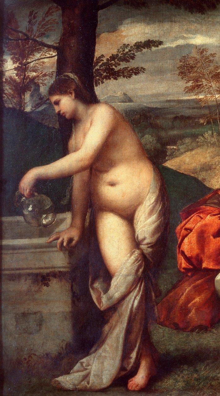 Grup konseri Müzisyenler çimenlerin üzerinde, kadınlar çıplak. Bir tanesinin testisini çeşmeye doldururkenki detay. Tiziano Vecellio dit le Titian (1485-1576) veya Giorgio da Castelfranco dit Giorgione (1476/1478-1510) Sun