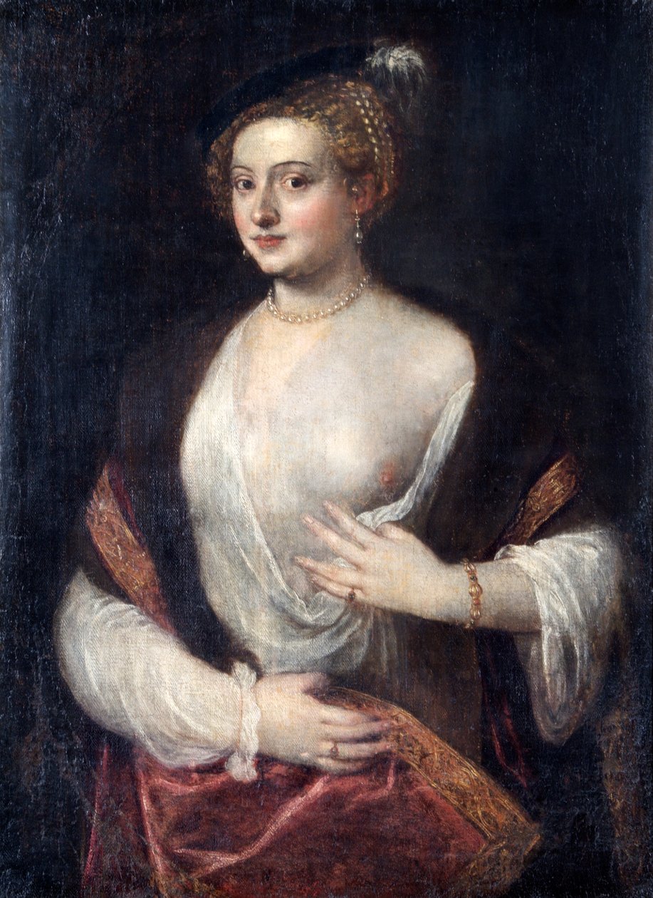'Titian'ın Metresi' olarak adlandırılan bilinmeyen bayan, c.1550 (tuval üzerine yağlı boya) by Titian (c.1488-1576) (follower)