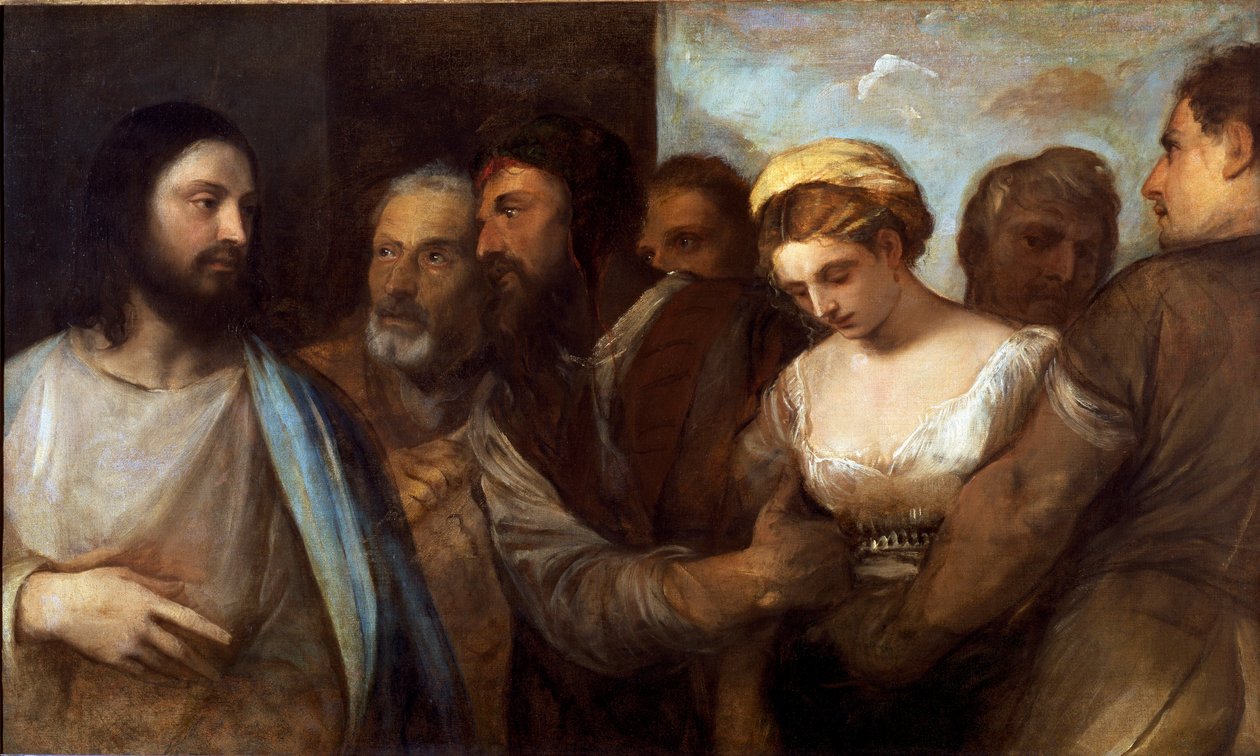 İsa ve zina eden kadın (resim, c.1540) by Tiziano Vecelli
