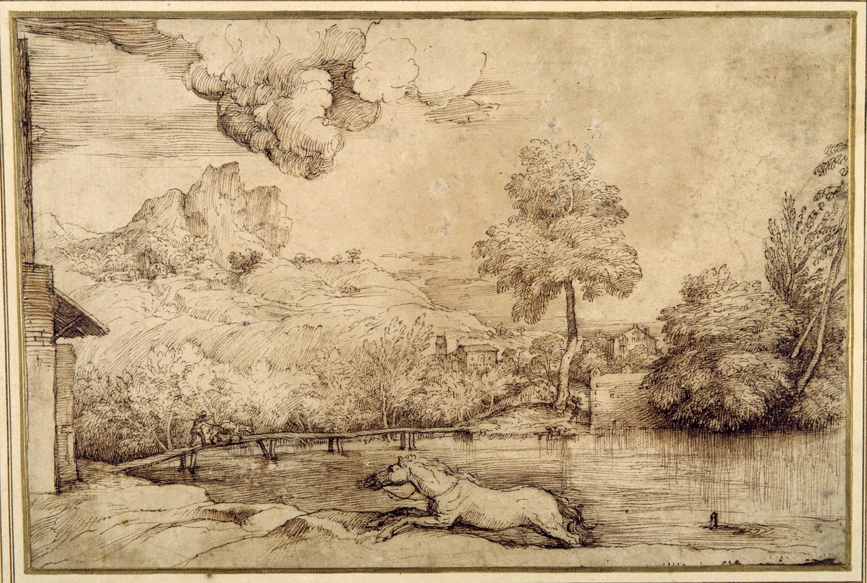 Manzara: Bir yılanın takip ettiği binicisiz bir at (krem renkli kağıt üzerinde kalem ve kahverengi mürekkep) by Titian (c.1488 1576)