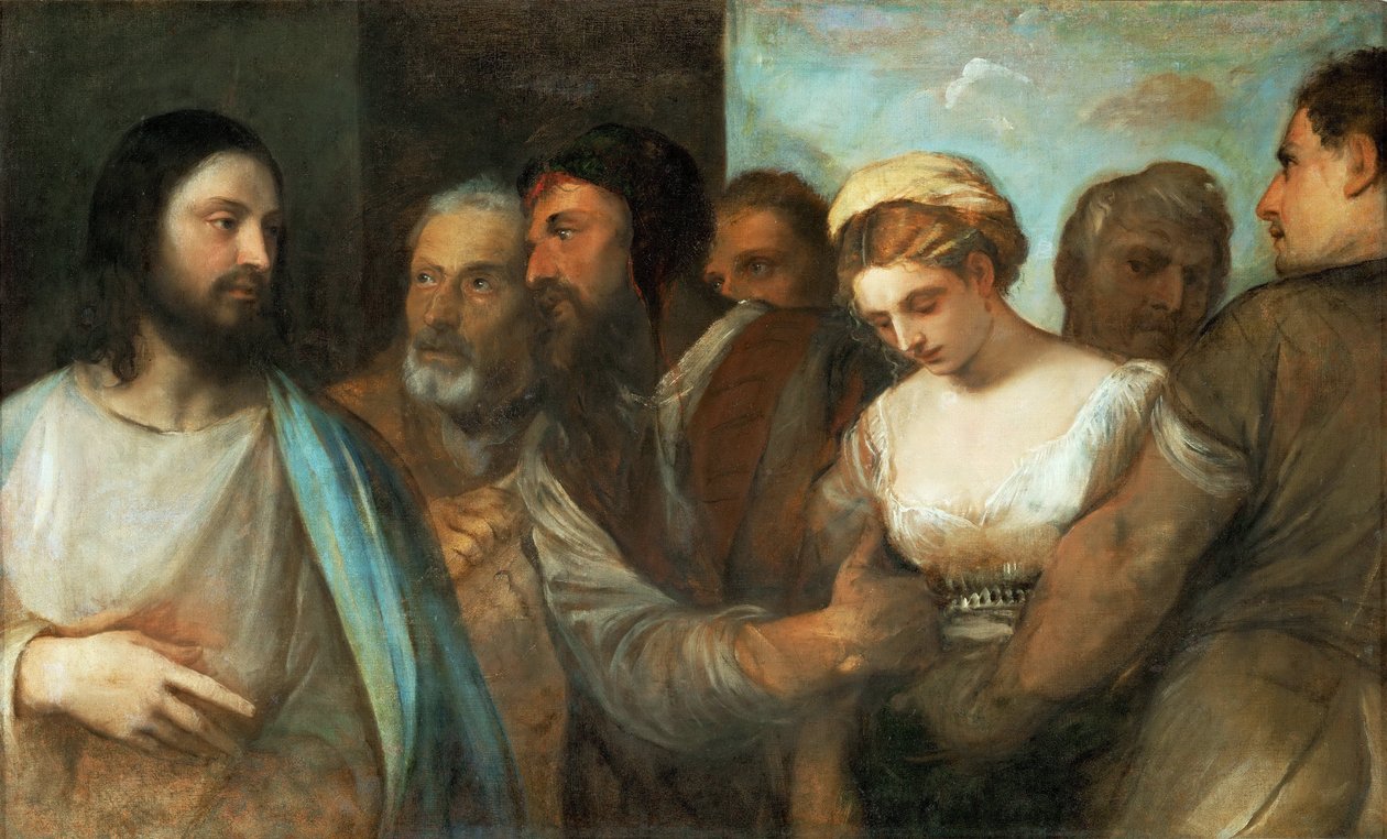 Le Christ et la femme adultere - Mesih ve Zina Edilen Kadın, Titian (1488-1576). Tuval üzerine yağlı boya, c. 1520. Ebat : 82,5x136,5 cm. Sanat Tarihi Müzesi, Viyana by Tiziano Vecelli