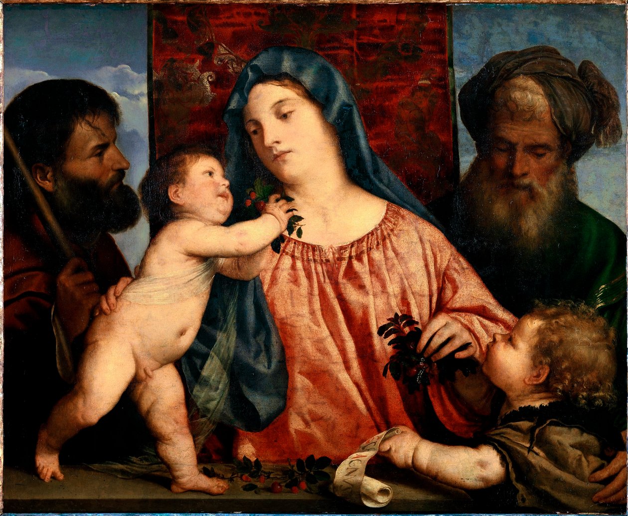 Kiraz Madonna Aziz Joseph, Zekeriya ve Vaftizci Yahya Meryem ve çocuğu çevreler. Tiziano Vecellio tarafından yapılan resim, Titian (yaklaşık 1490-1576) 1515-1520 Güneş olarak adlandırıldı. 81x99,5 cm Viyana, Sanat Tarihi Müzesi, Avusturya by Tiziano Vecelli