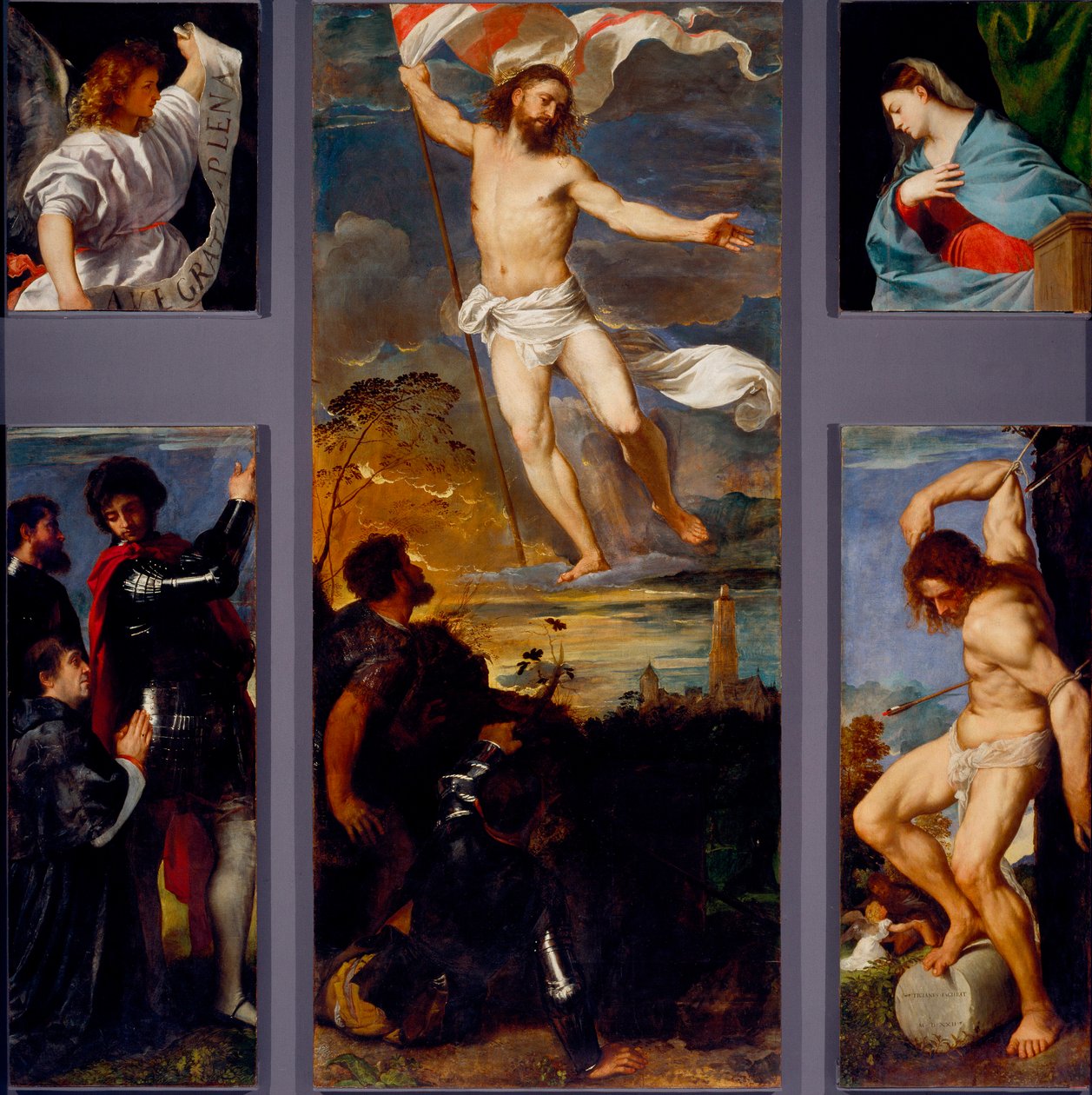 Diriliş “” Bakire” “” Saint Sebastian”” ve sponsorlar. Averoldi poliptiğinin panelleri. Titian (yaklaşık 1490-1576) 16. yüzyıl Brescia, Aziz Nazzaro Kilisesi ve Celso adlı Tiziano Vecellio tarafından ahşap üzerine boyama by Titian (c.1488 1576)