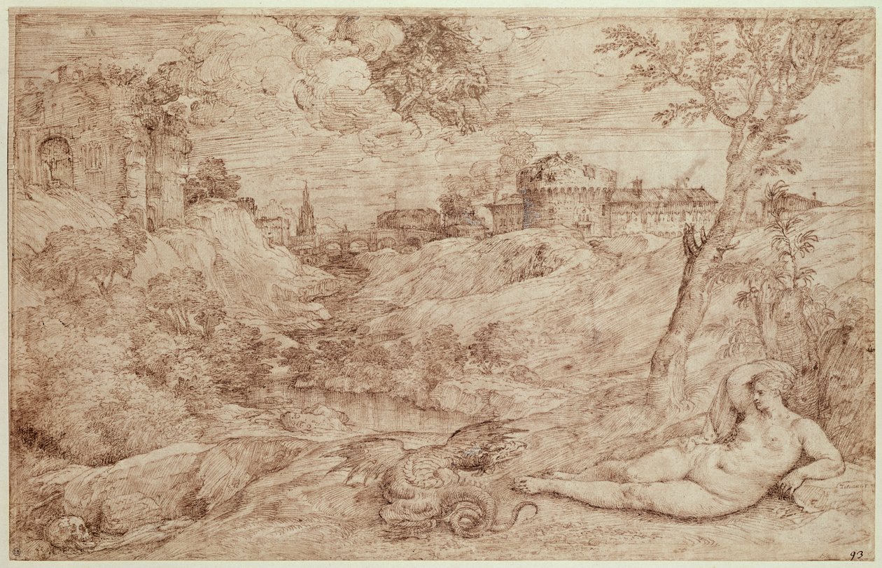 Bir Ejderha ve Uyuyan Çıplak Bir Kadınla Manzara by Tiziano Vecelli