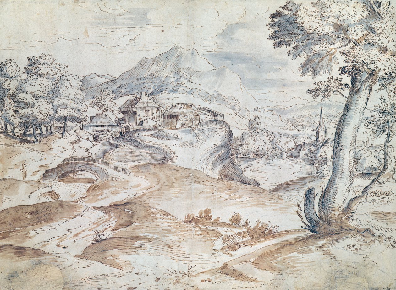 Köy ve kilise ile ormanlık manzara (kağıt üzerinde yıkama ve mürekkep) by Tiziano Vecelli