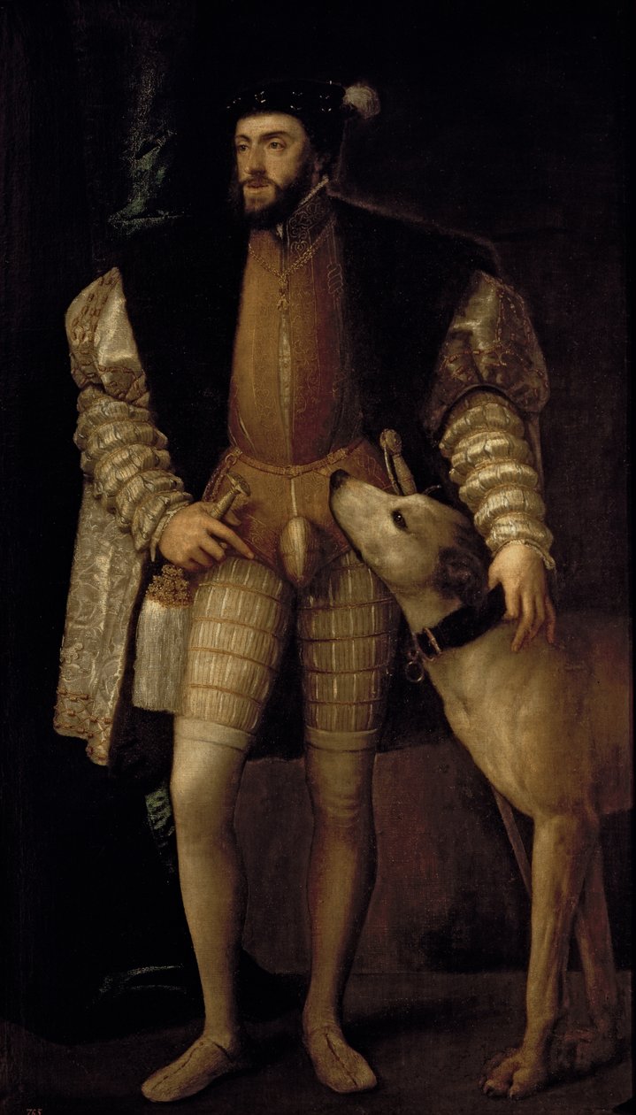 Charles V (1500-58) Kutsal Roma İmparatoru ve Köpeğiyle İspanya Kralı, 1533 by Tiziano Vecelli