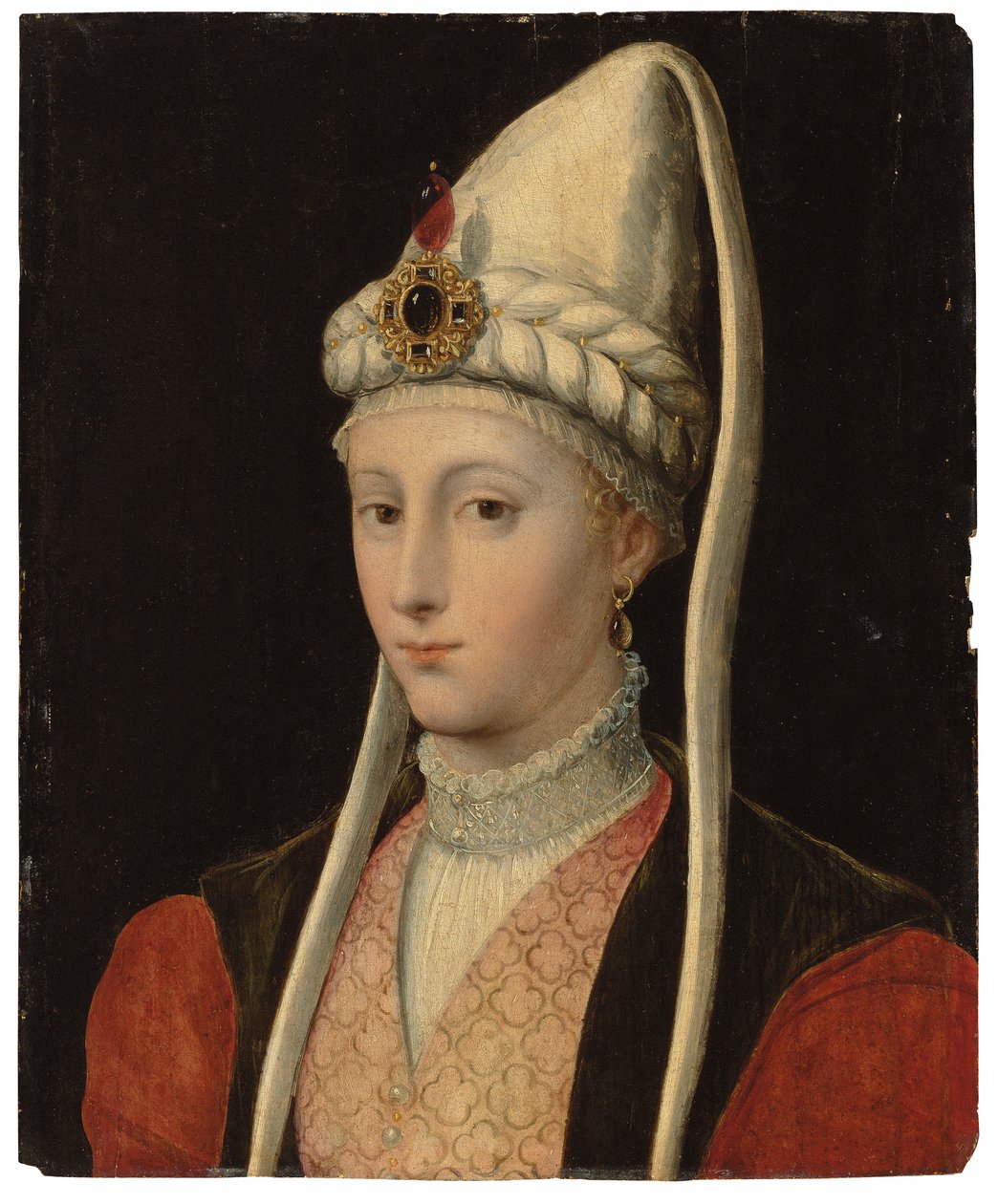Bir kadının, muhtemelen Haseki Hürrem Sultan, adı Roxelana olan, büstü boyunda, Osmanlı kostümü içinde, mücevherli başlıklı bir portresi by Tiziano Vecelli