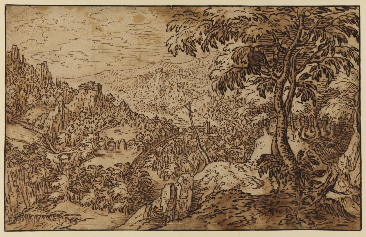 Haçlı dağlık manzara (kağıt üzerinde wc ile kalem ve mürekkep) by Tobias follower of Verhaecht